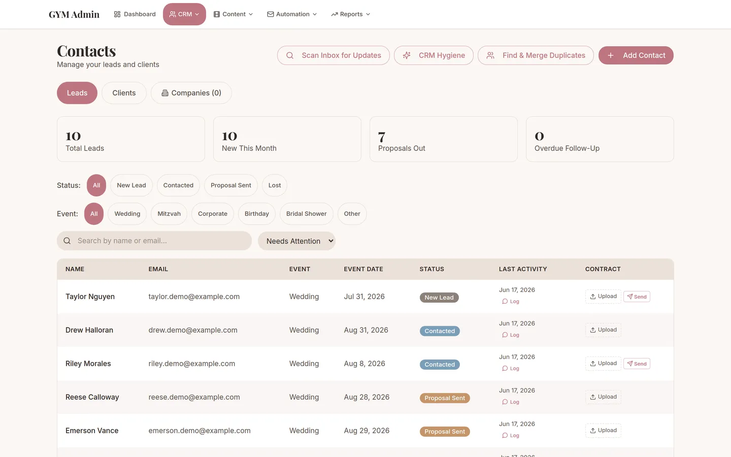 Gott You Media built-in CRM listing every lead and client with status, event details, and the next follow-up.