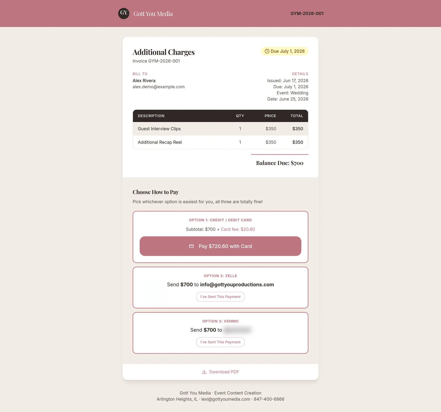 Gott You Media branded invoice with one-click payment powered by Stripe.