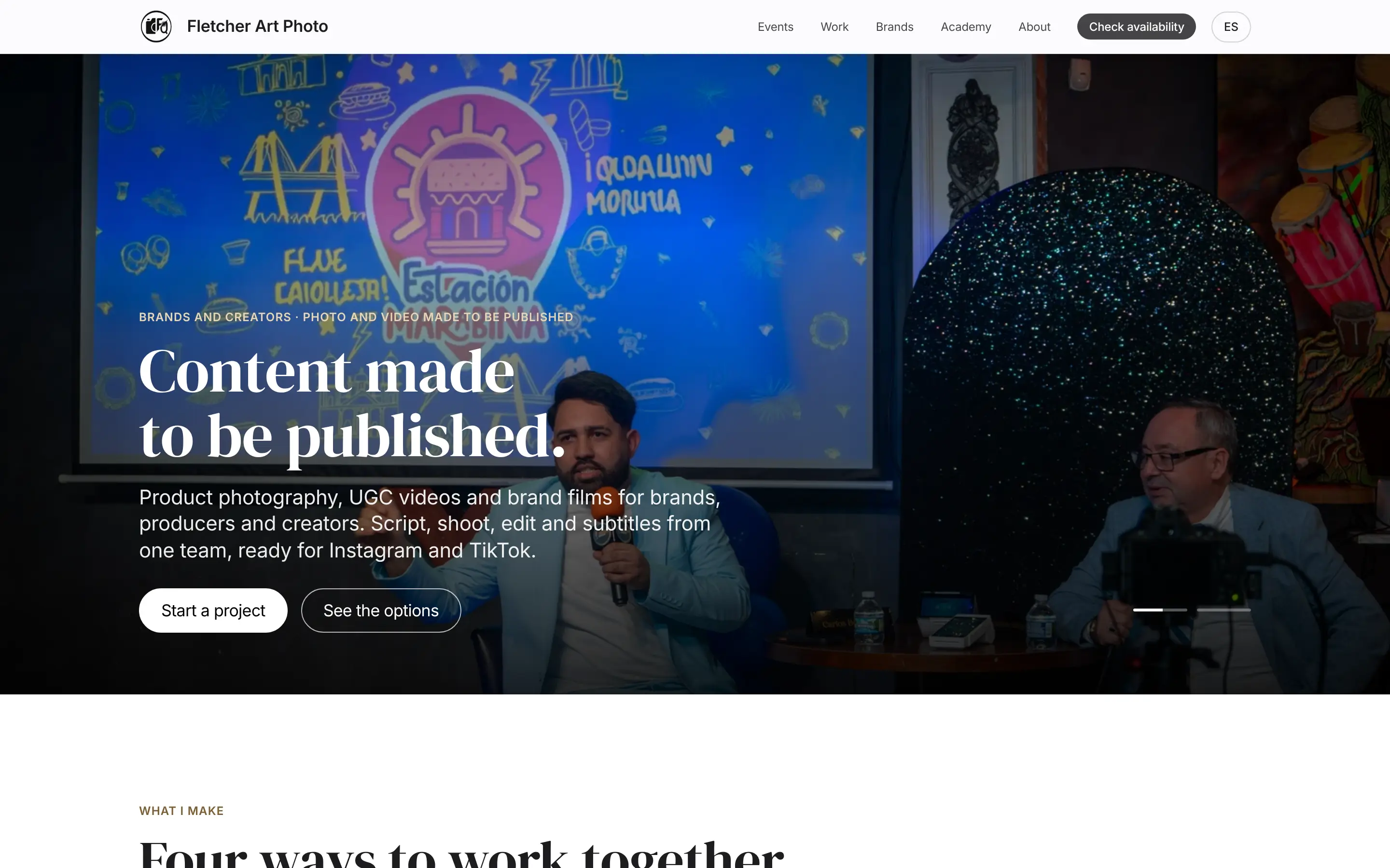 Fletcher Art Photo brands page: content and short films for brands and creators, with his own films playing on the page.