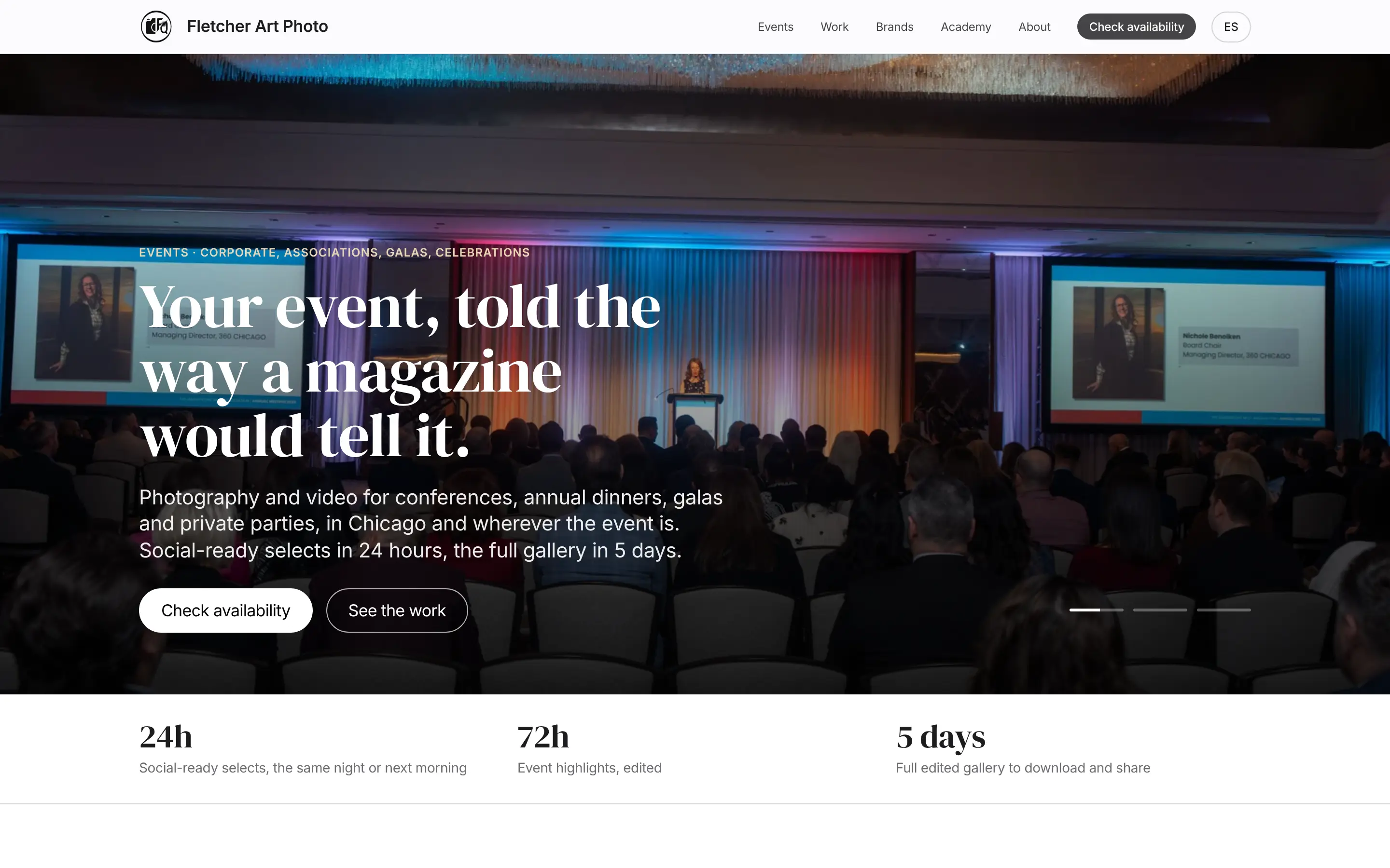 Fletcher Art Photo events page: corporate galas, conferences and celebrations, with the delivery promise and a starting price.