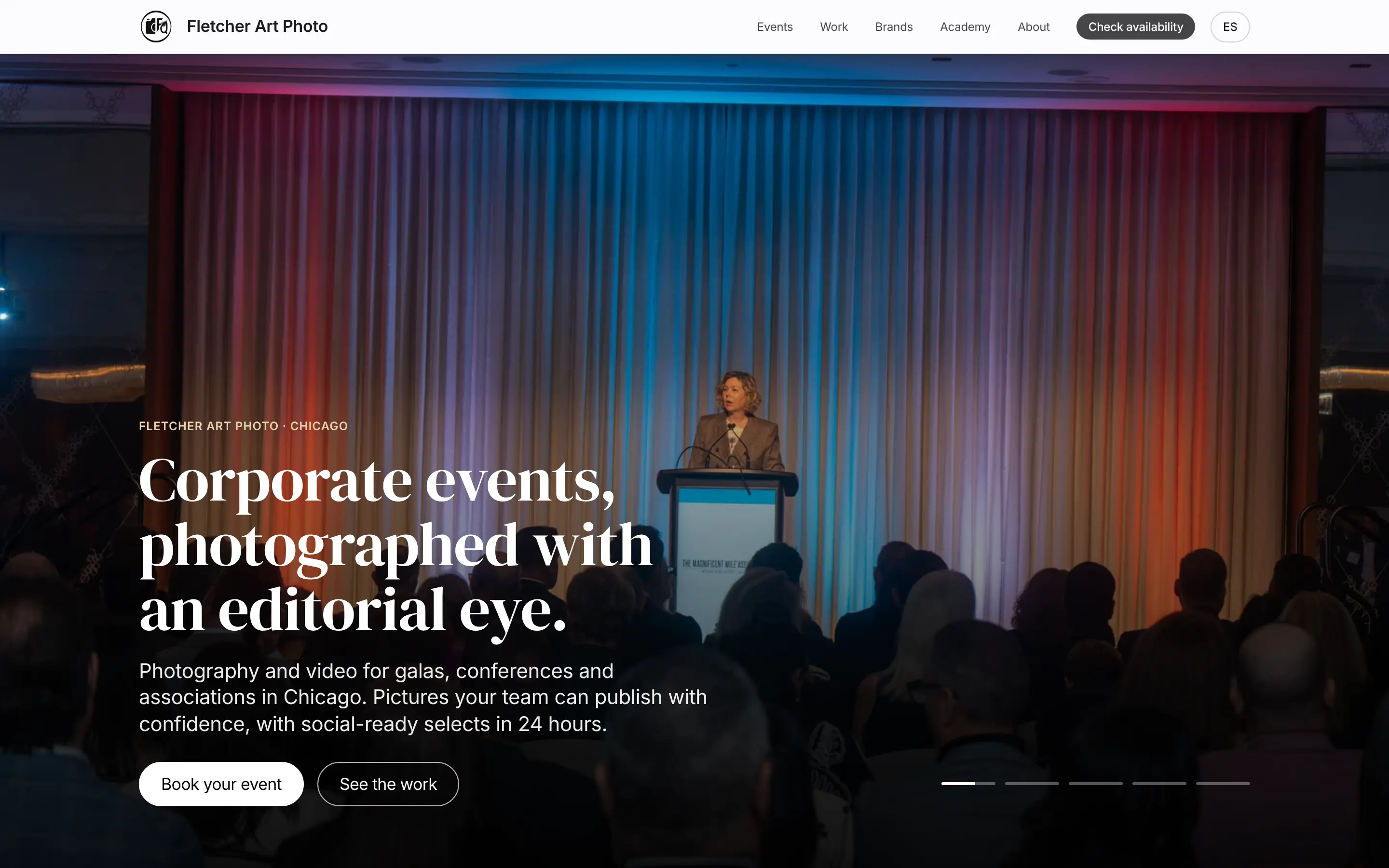 Fletcher Art Photo home page: Corporate events, photographed with an editorial eye, over a full-bleed event photograph with the Spanish toggle in the top bar.