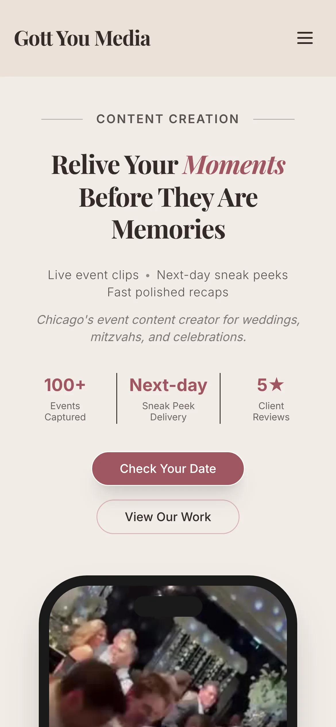 Gott You Media home page on a phone: the headline, the event clip and the Check Your Date button.