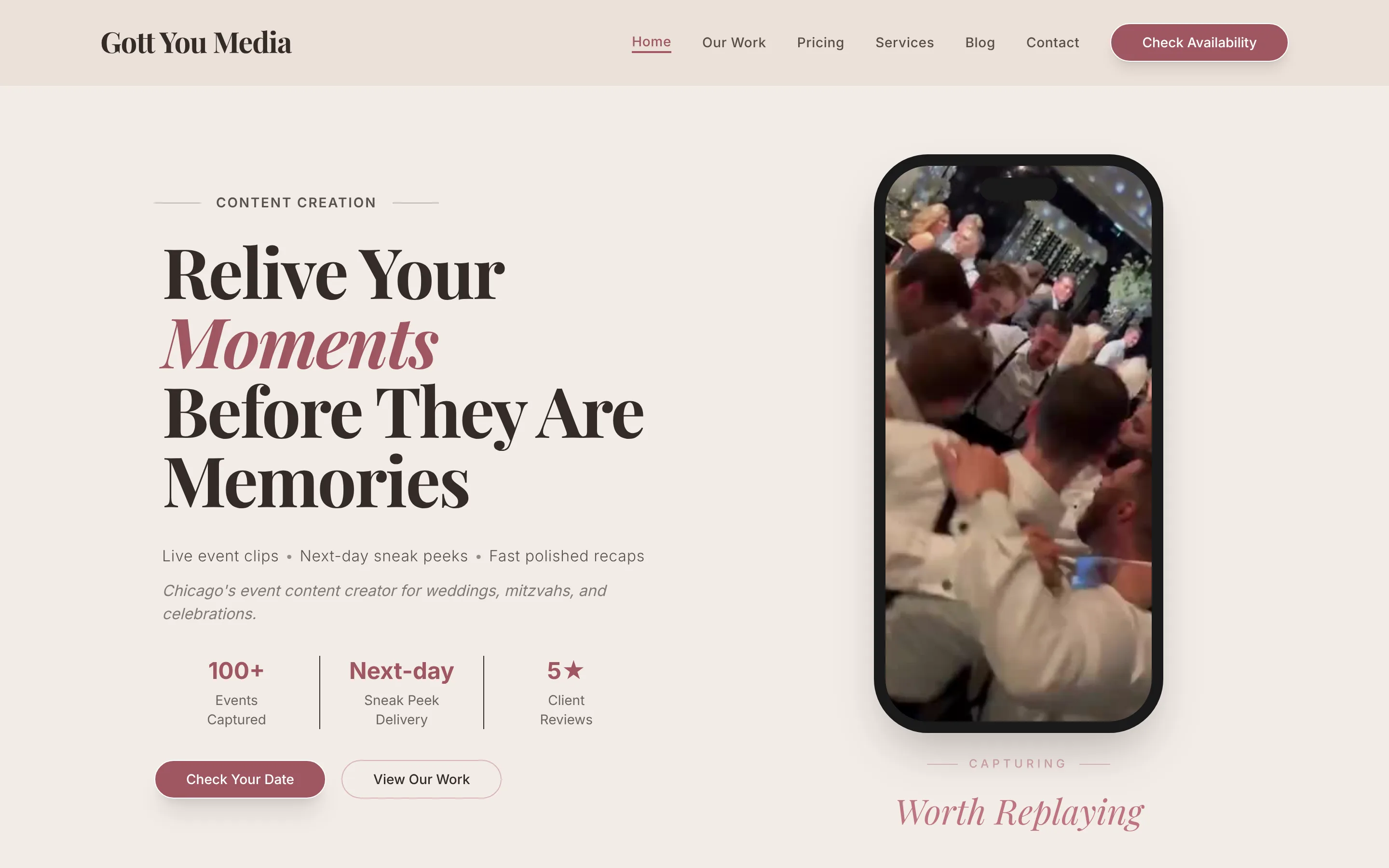 Gott You Media home page: Relive Your Moments Before They Are Memories, with a phone playing event footage beside it.