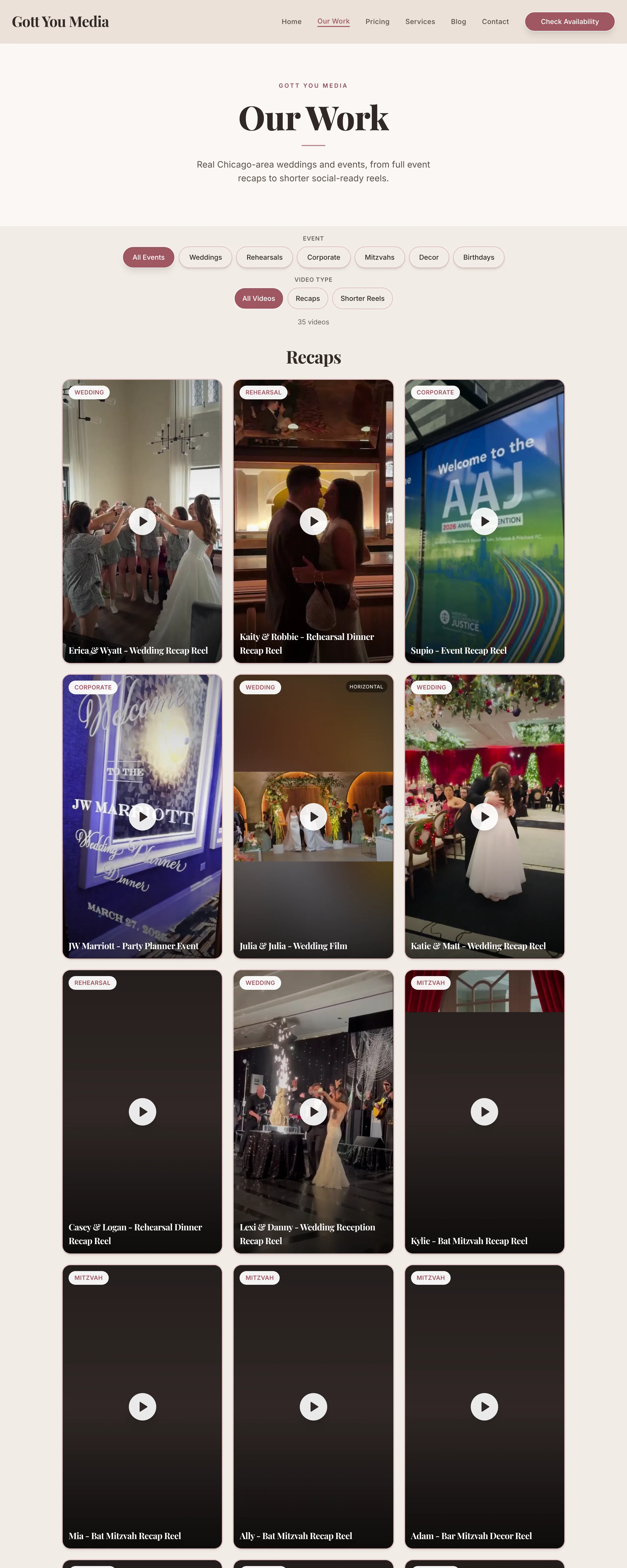 The Gott You Media Our Work page top to bottom: event type filters, then a grid of wedding, mitzvah and corporate recap reels.