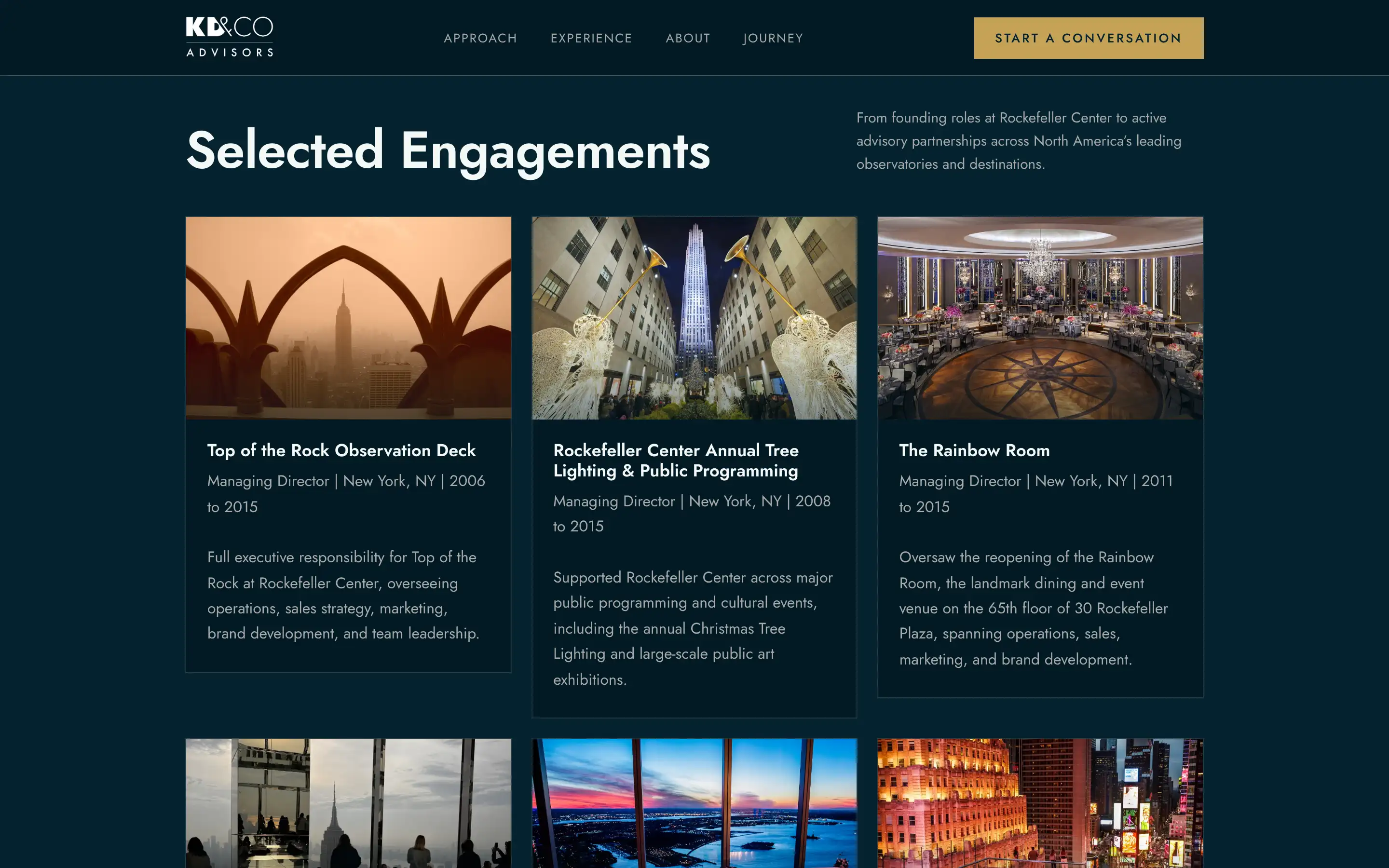 KD&CO Advisors selected engagements: Top of the Rock, the Rockefeller Center tree lighting and the Rainbow Room.
