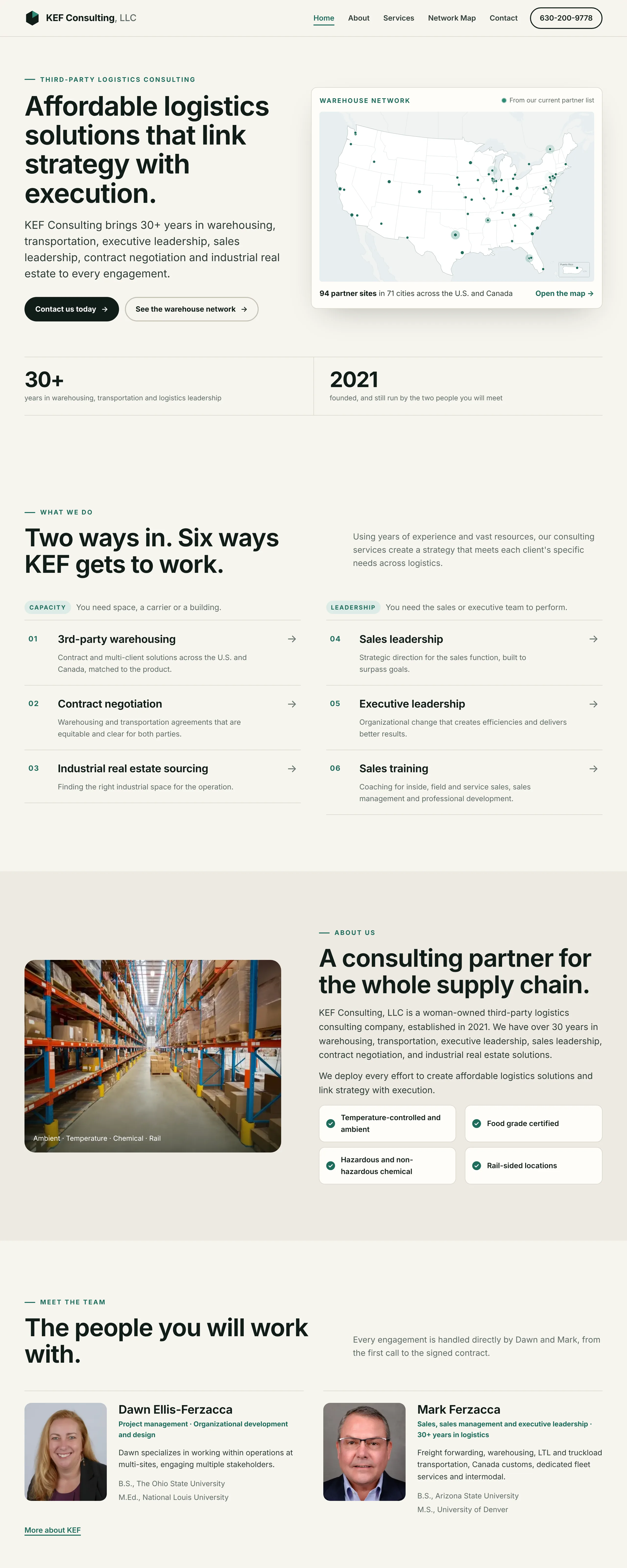 The KEF Consulting home page top to bottom: the logistics headline beside the warehouse network map, six ways KEF works, the supply chain partner section and the team.