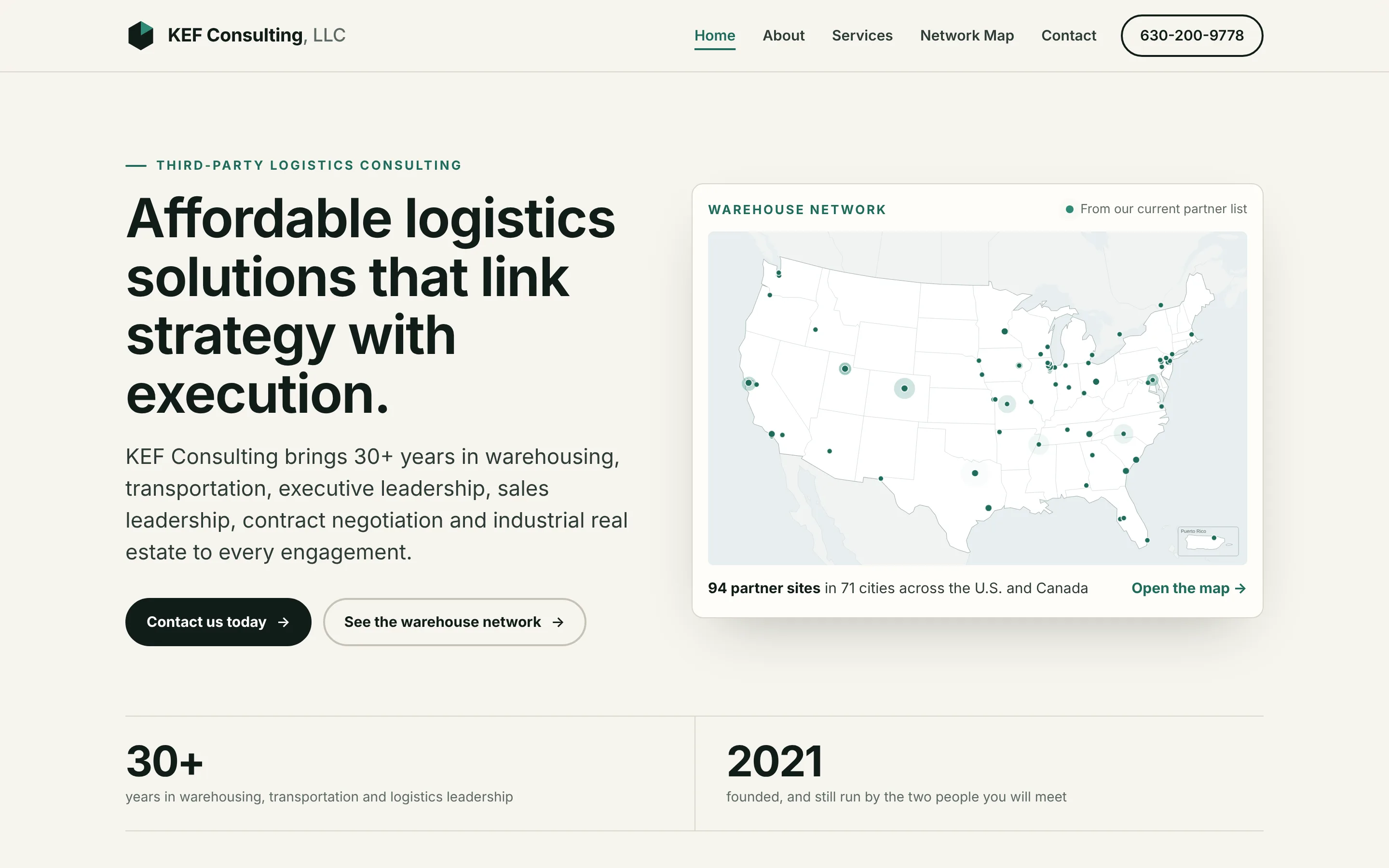 KEF Consulting home page with the logistics headline and a preview of the warehouse network map.