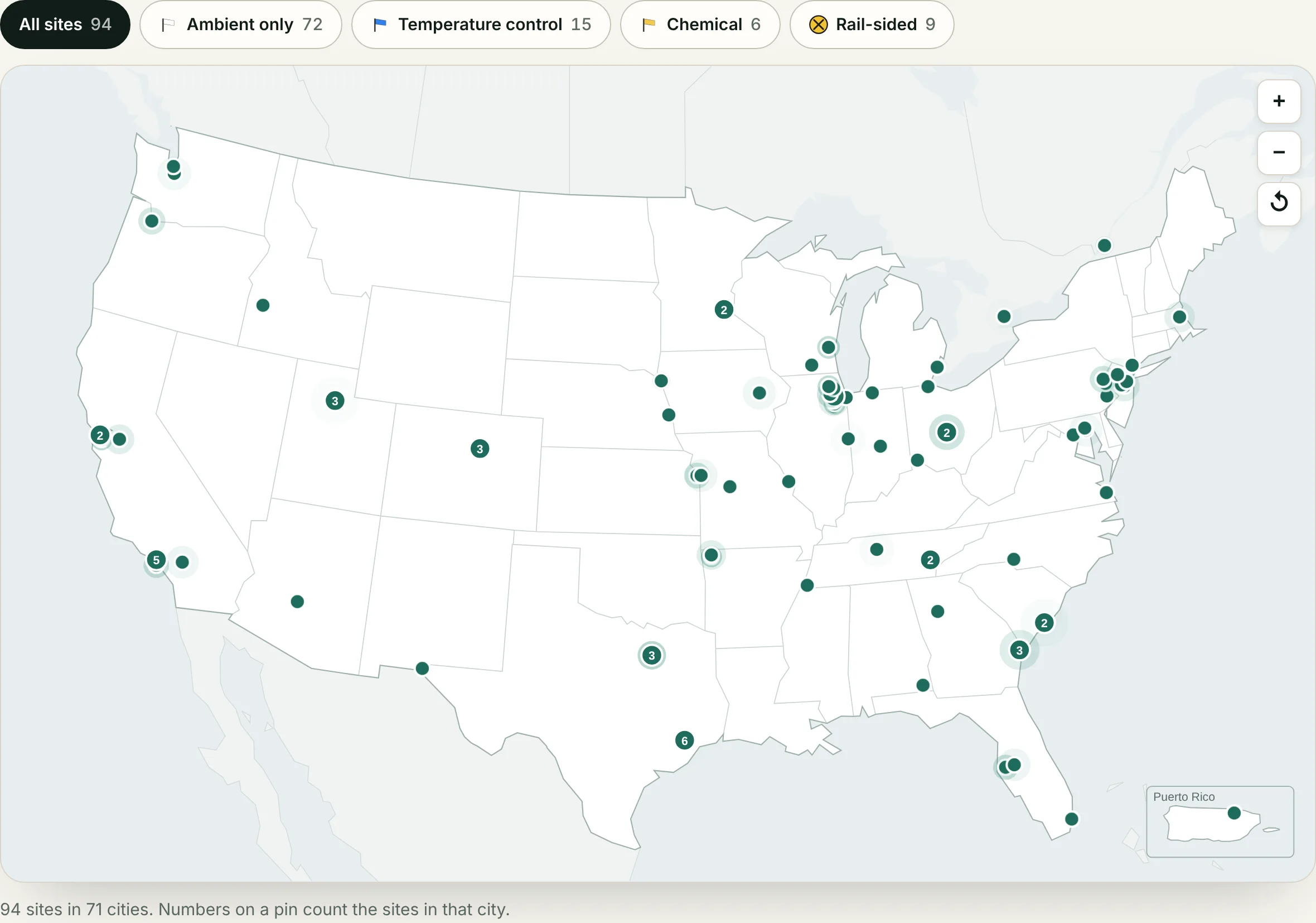The KEF Consulting warehouse map: 94 partner sites across the U.S. and Canada, with filters for all sites, ambient only, temperature control, chemical and rail-sided.