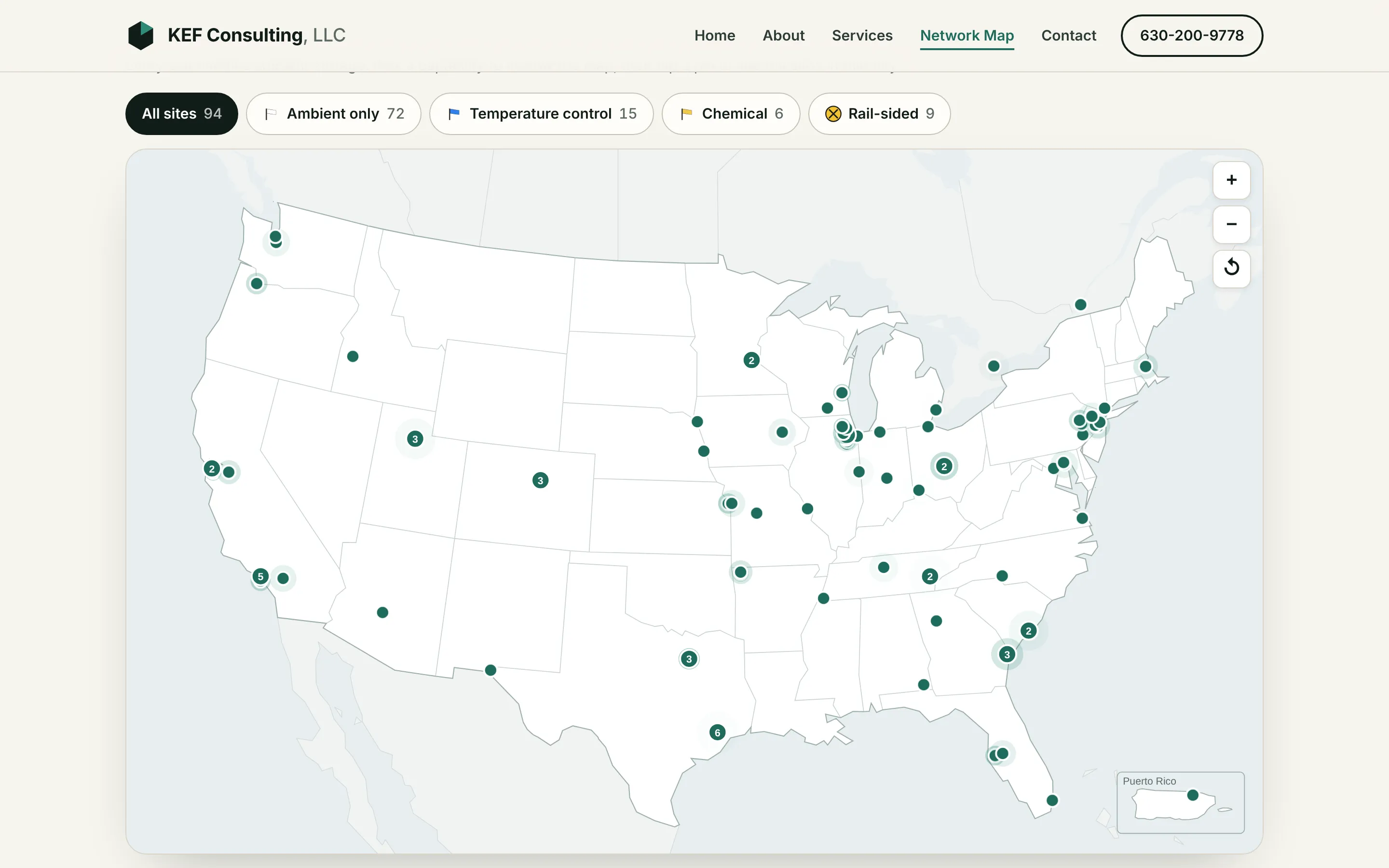KEF Consulting network map: 94 partner warehouses across the U.S. and Canada with capability filters.