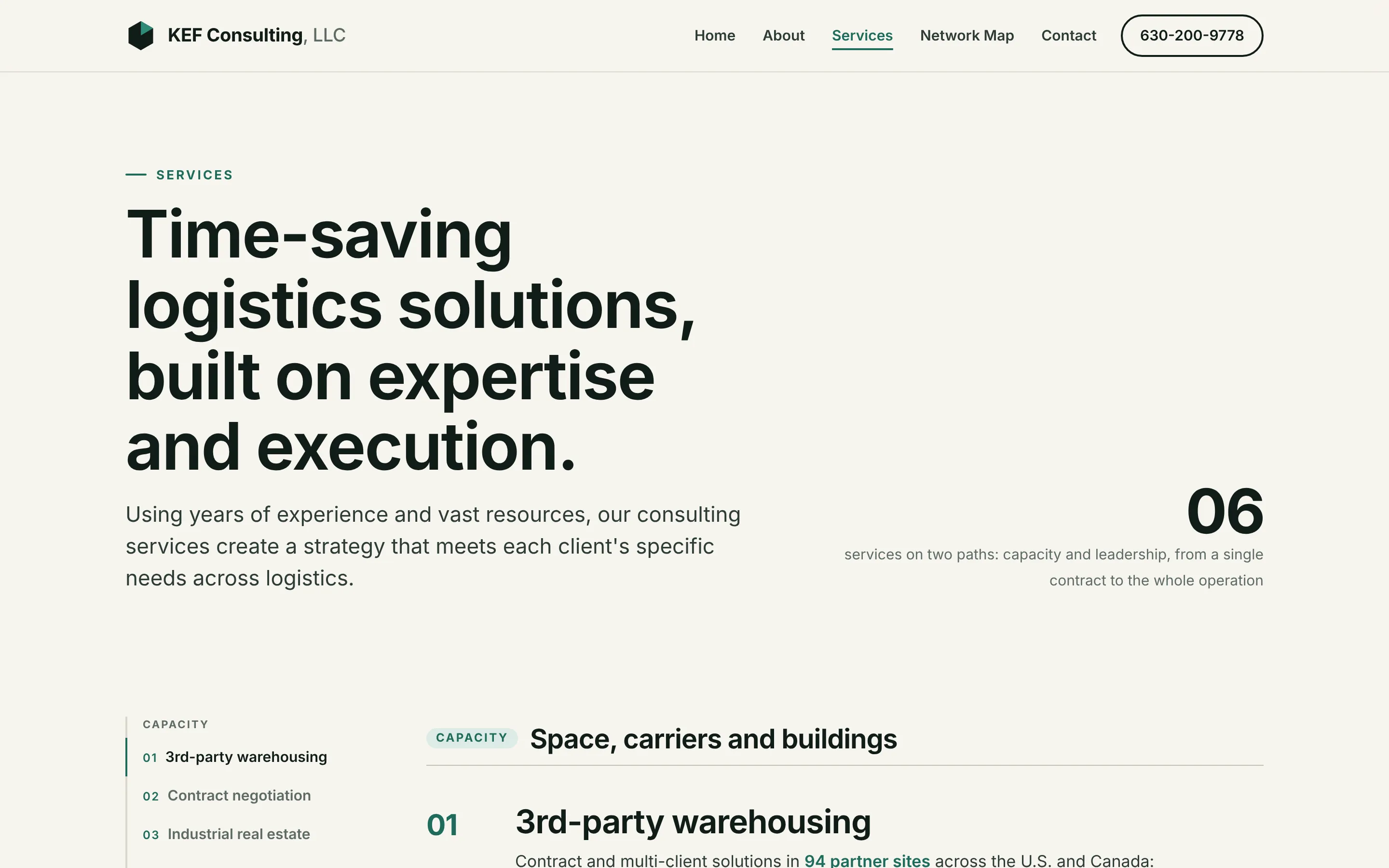 KEF Consulting services page covering warehousing, contract negotiation and industrial real estate.