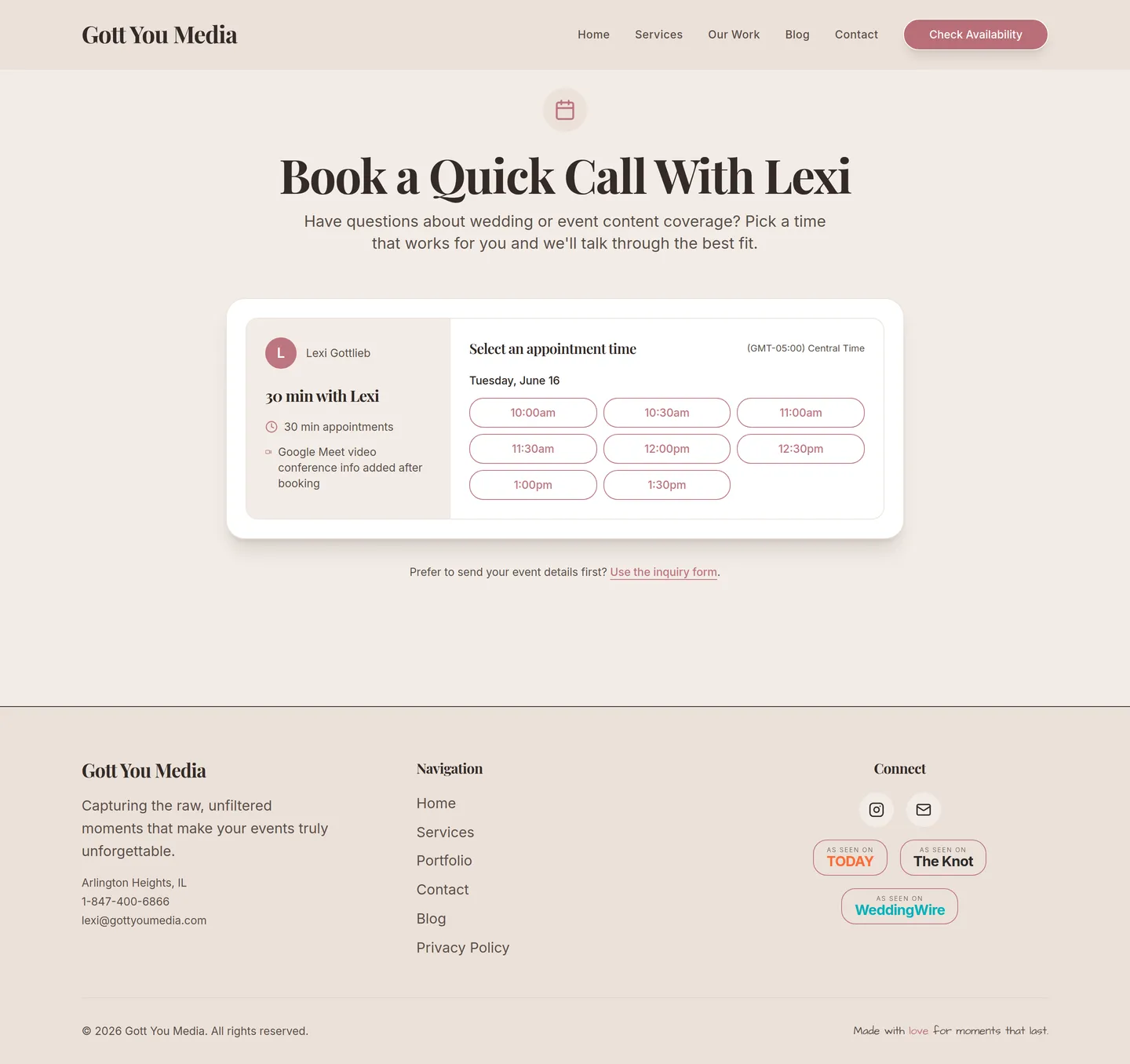 Gott You Media client-facing booking page, on-brand and easy for clients to use.