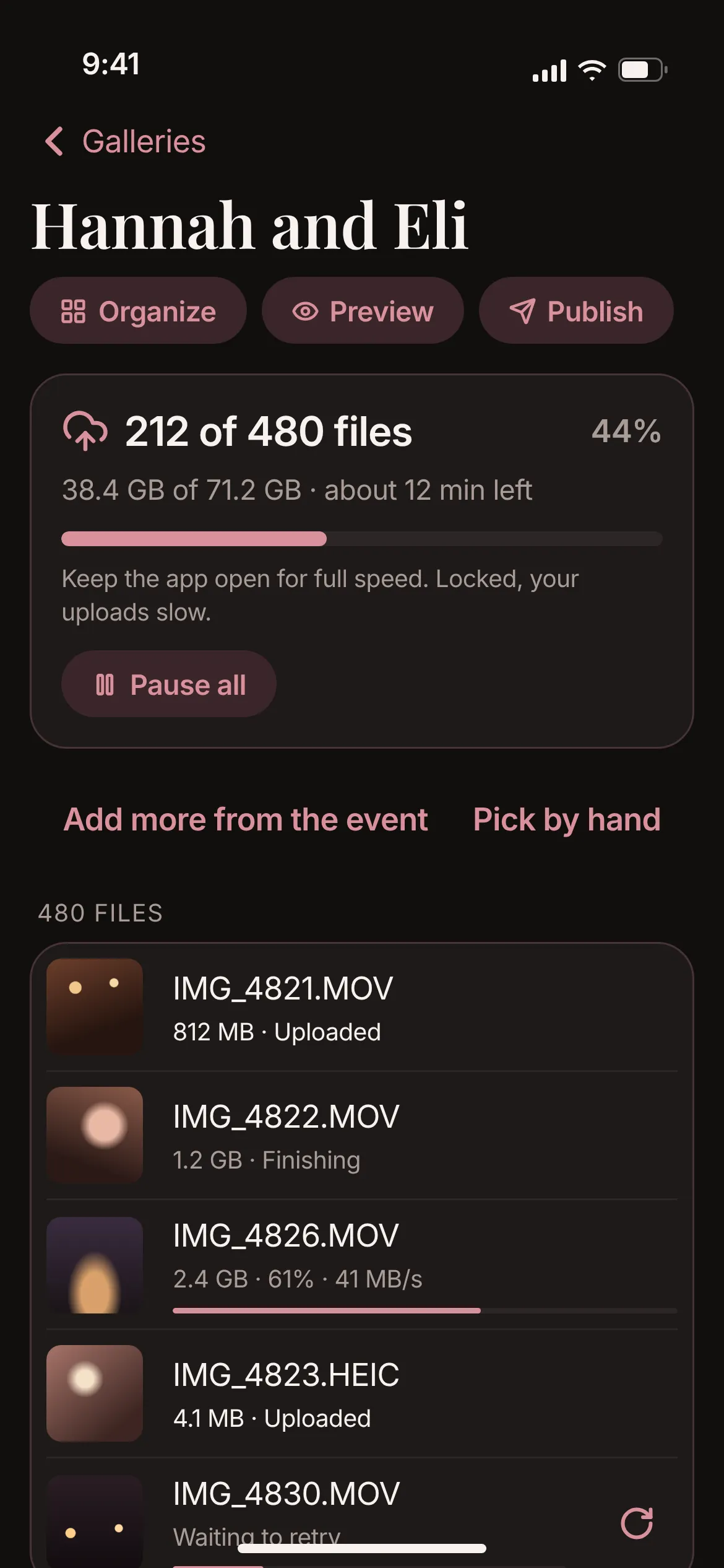 The Gott You Uploader iPhone app uploading 480 files from an event, 44 percent done.